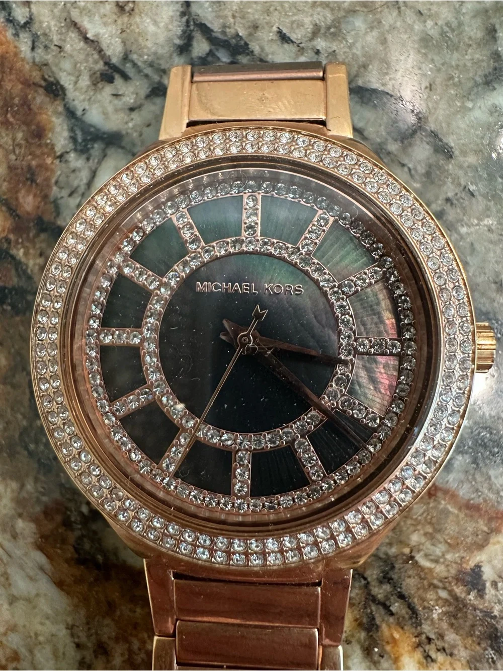 Michael Kors Rose Gold Watch with Black Dial and Crystal Bezel